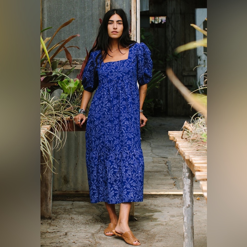 Rachel Pally Blue Floral Cotton Puff Sleeve Maxi Sundress Boho Coconut Girl sz S